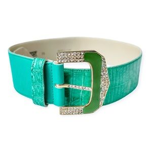 Authentic Valentino Belt Embossed Leather Rhinestone Buckle Green Gold